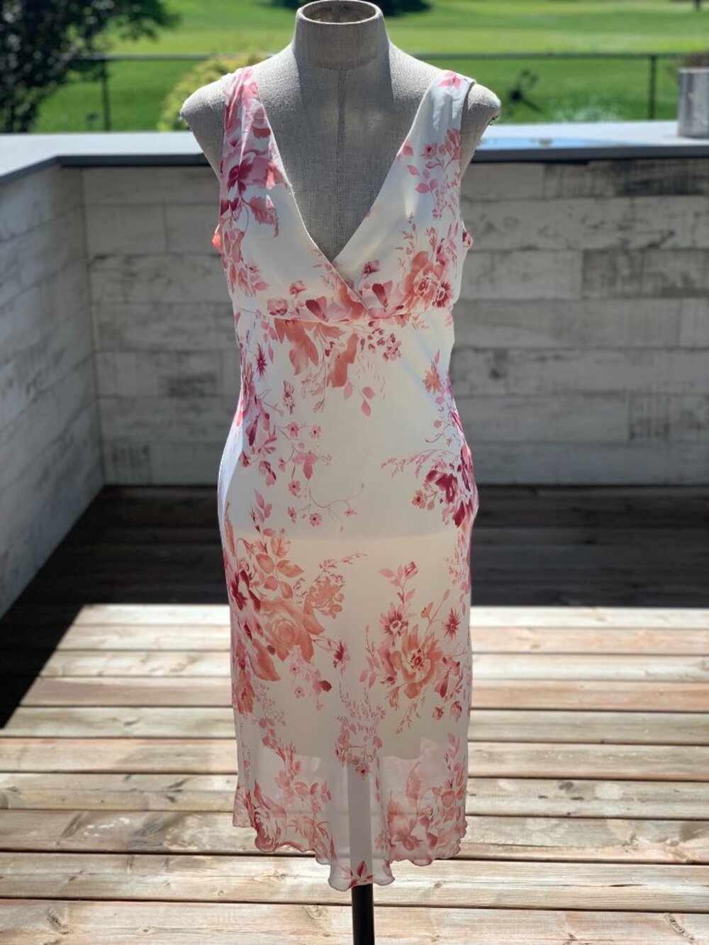 Vintage Slip Dress 11 Cream Pink Floral Sheer Chiffon Midi Sleeveless Romantic - Picture 2 of 14